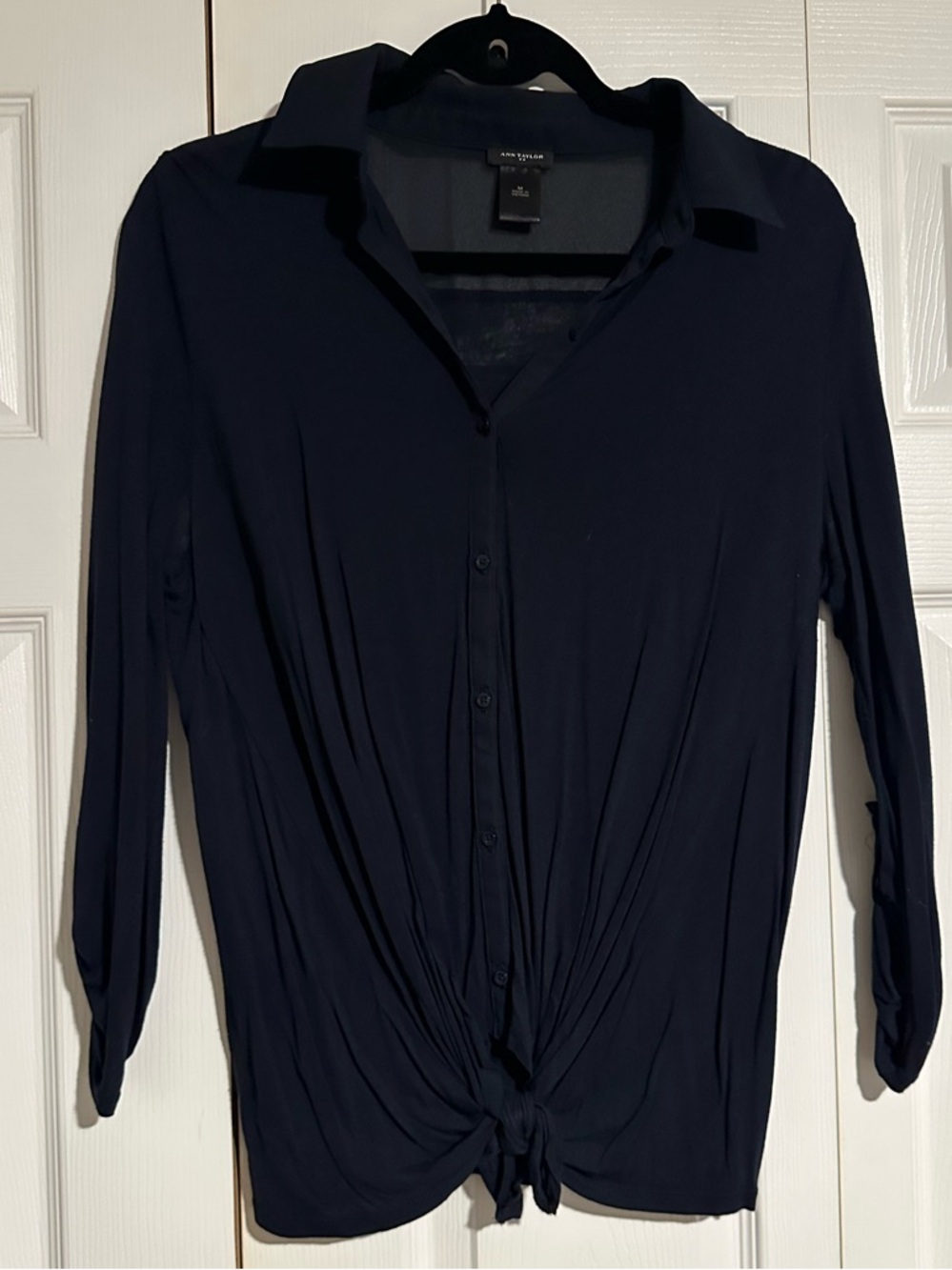 Ann Taylor Navy Button-Front Tie-Hem Shirt
